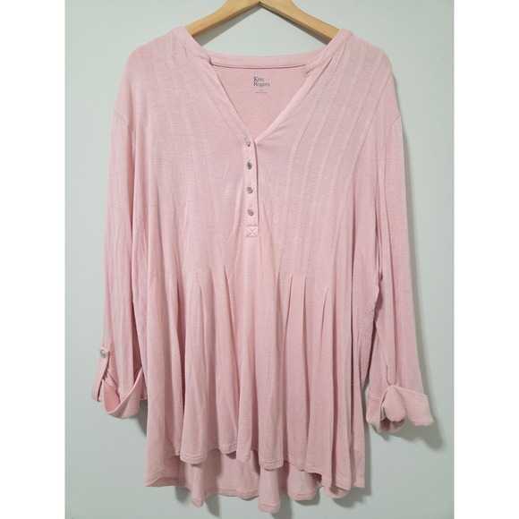 Kim Rogers Tops - Kim Rogers‎ Pink Pintuck V-Neck Roll-Tab Sleeve Knit Top 1X Plus Size